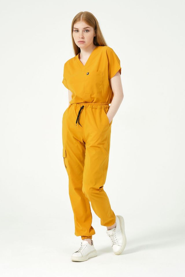 Hardal Likralı Kargo Cep Jogger Paça Doktor Hemşire Forması Tek Alt Unisex