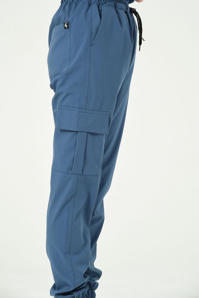 İndigo Likralı Kargo Cep Jogger Paça Doktor Hemşire Forması Tek Alt Unisex