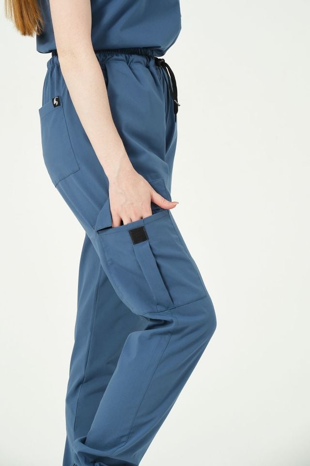 İndigo Likralı Kargo Cep Jogger Paça Doktor Hemşire Forması Tek Alt Unisex