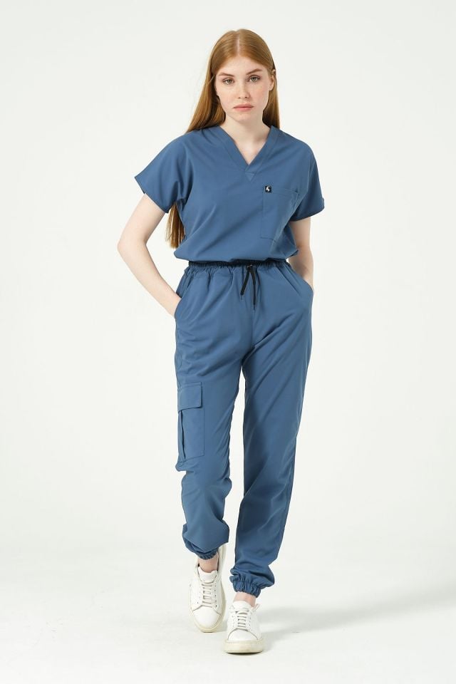 İndigo Likralı Kargo Cep Jogger Paça Doktor Hemşire Forması Tek Alt Unisex