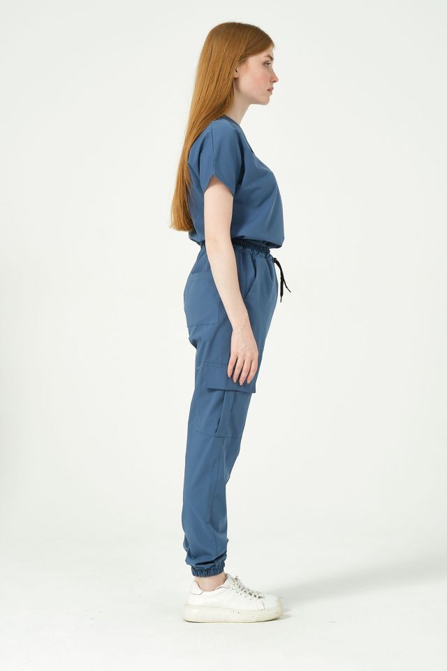 İndigo Likralı Kargo Cep Jogger Paça Doktor Hemşire Forması Tek Alt Unisex