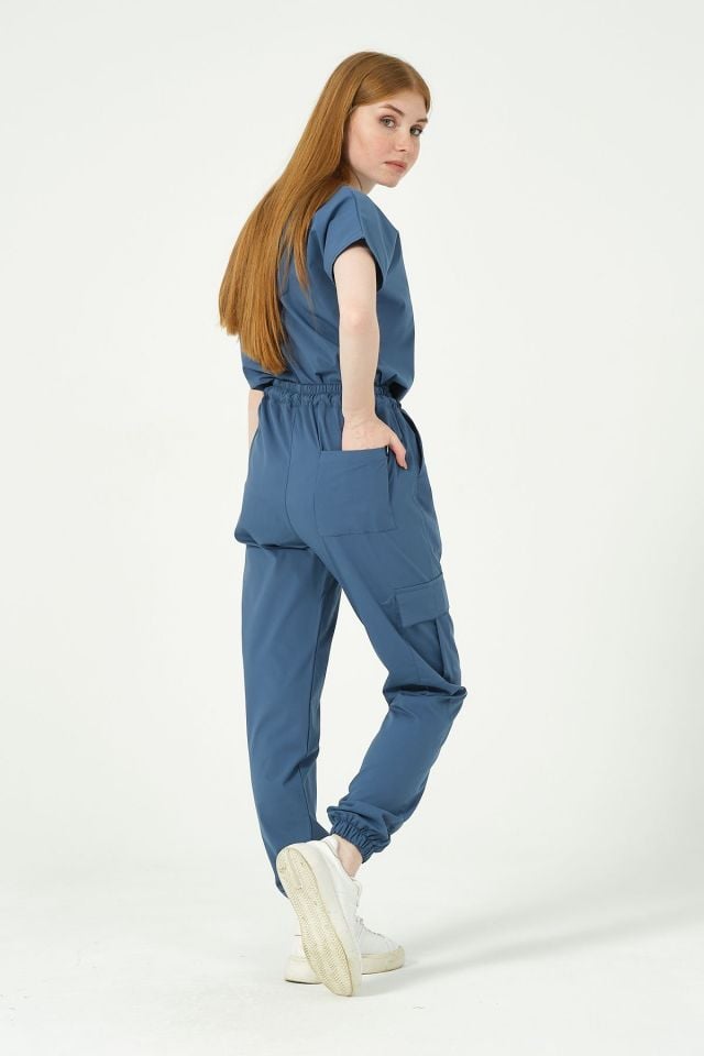 İndigo Likralı Kargo Cep Jogger Paça Doktor Hemşire Forması Tek Alt Unisex