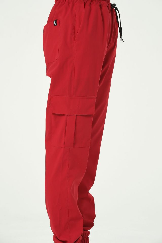 Kırmızı Likralı Kargo Cep Jogger Paça Doktor Hemşire Forması Tek Alt Unisex