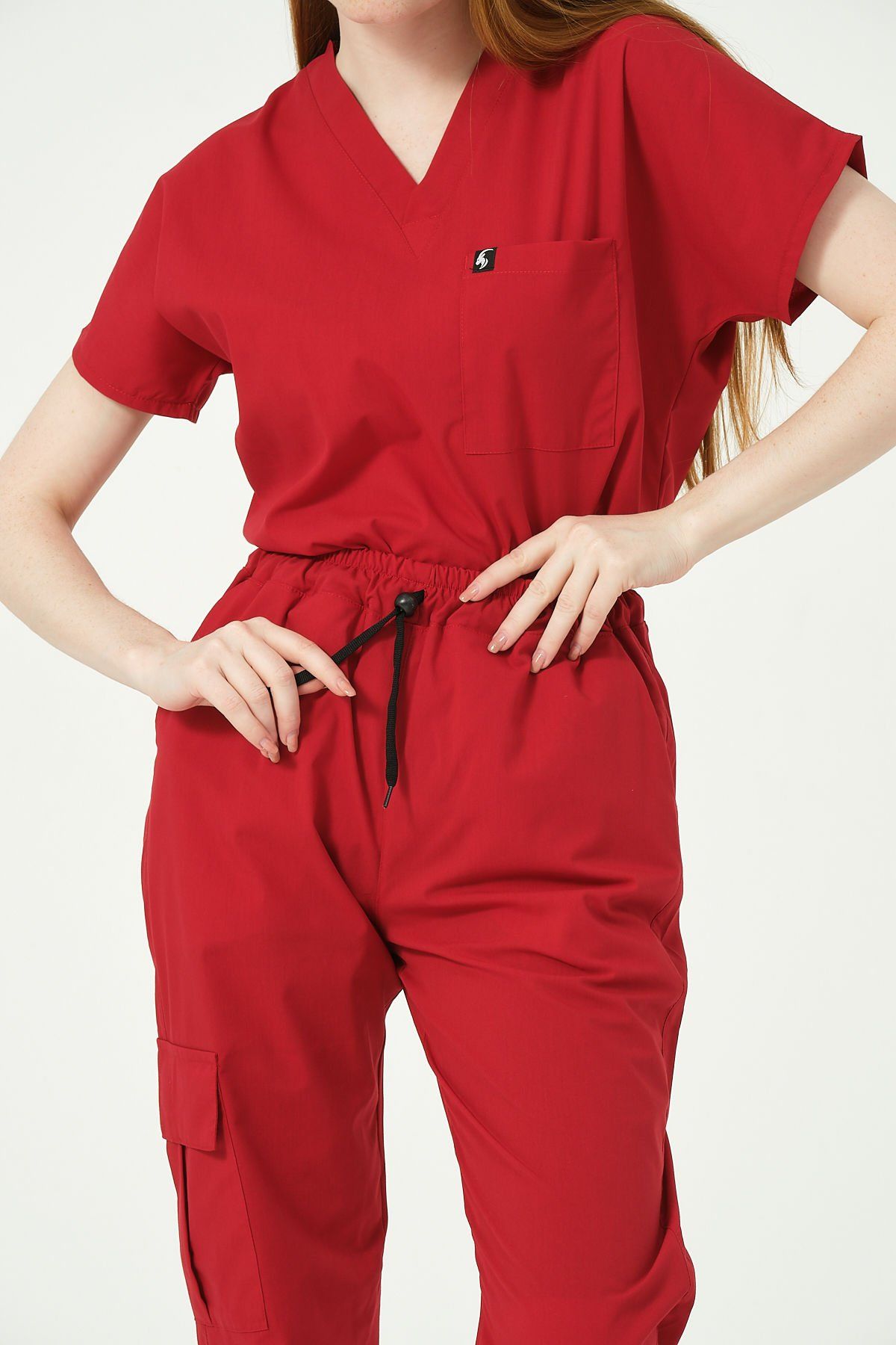 Kırmızı Likralı Kargo Cep Jogger Paça Doktor Hemşire Forması Tek Alt Unisex