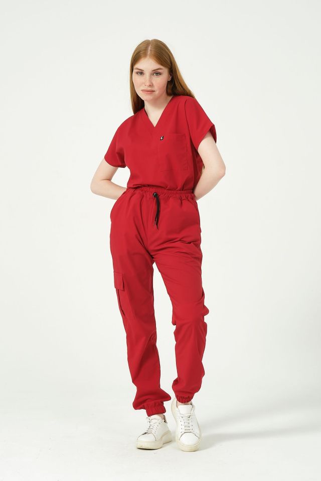 Kırmızı Likralı Kargo Cep Jogger Paça Doktor Hemşire Forması Tek Alt Unisex
