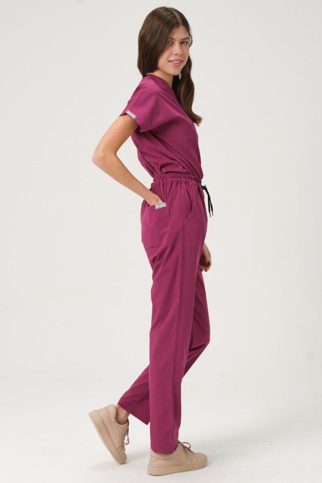 Vişne Likralı Scrubs Doktor Hemşire Forması Yarasa Kol Takım Unisex 2XL