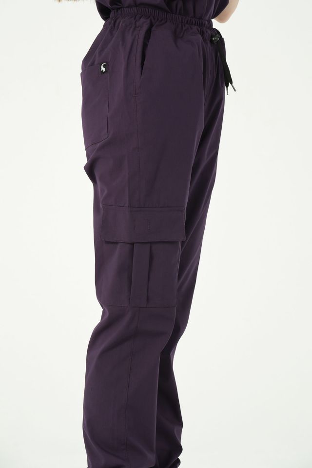 Koyu Mor Likralı Kargo Cep Jogger Paça Doktor Hemşire Forması Tek Alt Unisex