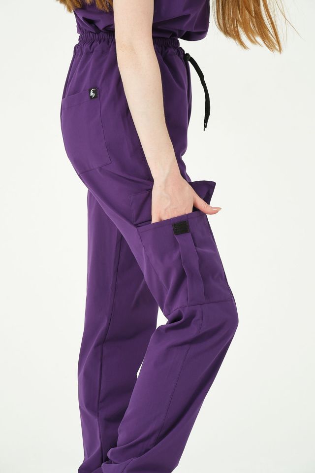 Mor Likralı Kargo Cep Jogger Paça Doktor Hemşire Forması Tek Alt Unisex