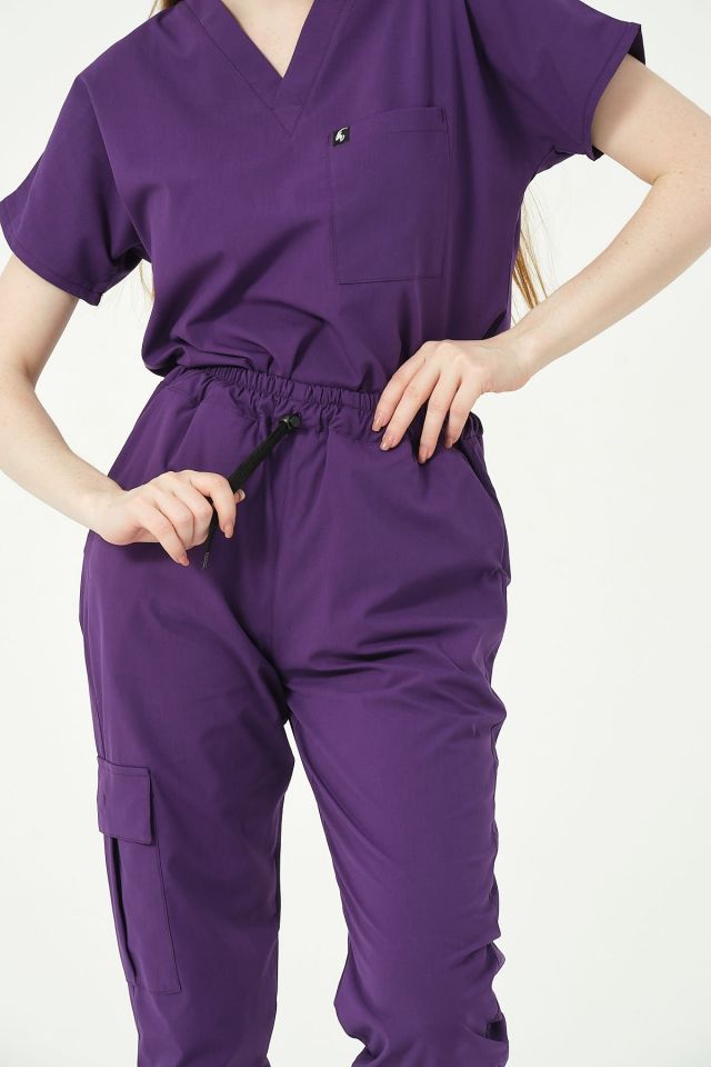 Mor Likralı Kargo Cep Jogger Paça Doktor Hemşire Forması Tek Alt Unisex