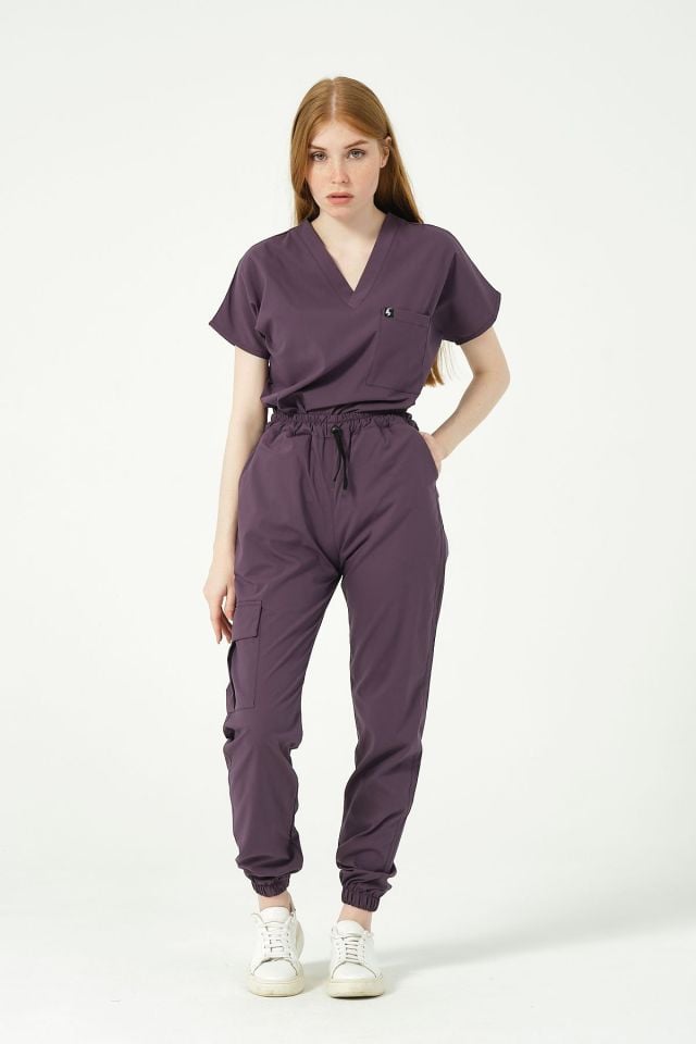 Mürdüm Likralı Kargo Cep Jogger Paça Doktor Hemşire Forması Tek Alt Unisex