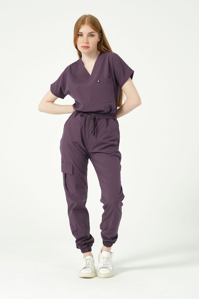 Mürdüm Likralı Kargo Cep Jogger Paça Doktor Hemşire Forması Tek Alt Unisex