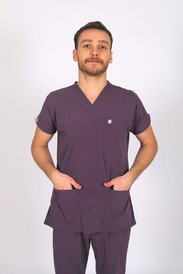 Mürdüm Likralı Scrubs Doktor Hemşire Forması Yarasa Kol Takım