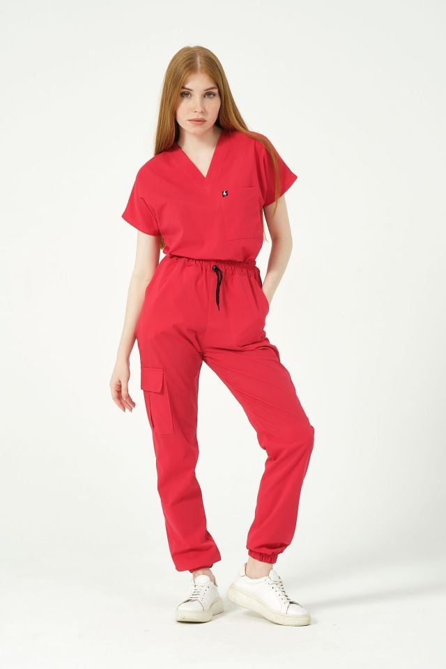 Nar Çiçeği Likralı Kargo Cep Jogger Paça Doktor Hemşire Forması Tek Alt Unisex