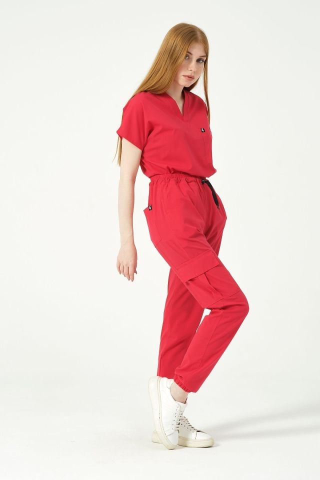 Nar Çiçeği Likralı Kargo Cep Jogger Paça Doktor Hemşire Forması Tek Alt Unisex