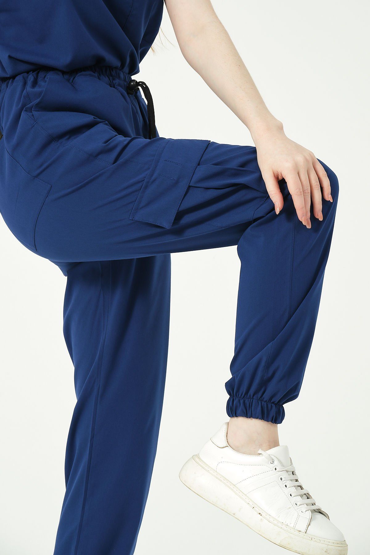 Saks Mavi Likralı Kargo Cep Jogger Paça Doktor Hemşire Forması Tek Alt Unisex 2XL