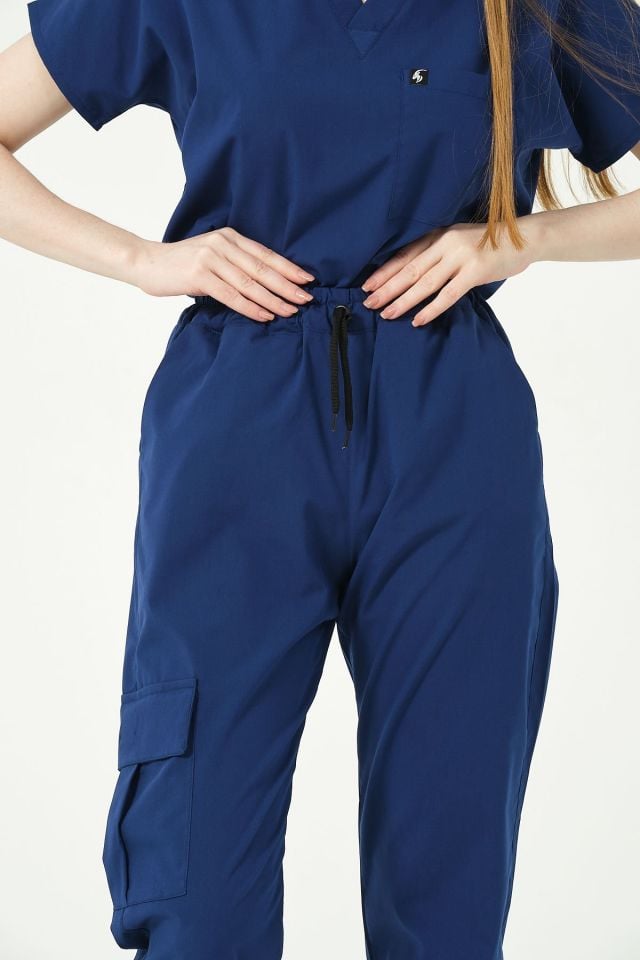 Saks Mavi Likralı Kargo Cep Jogger Paça Doktor Hemşire Forması Tek Alt Unisex 2XL
