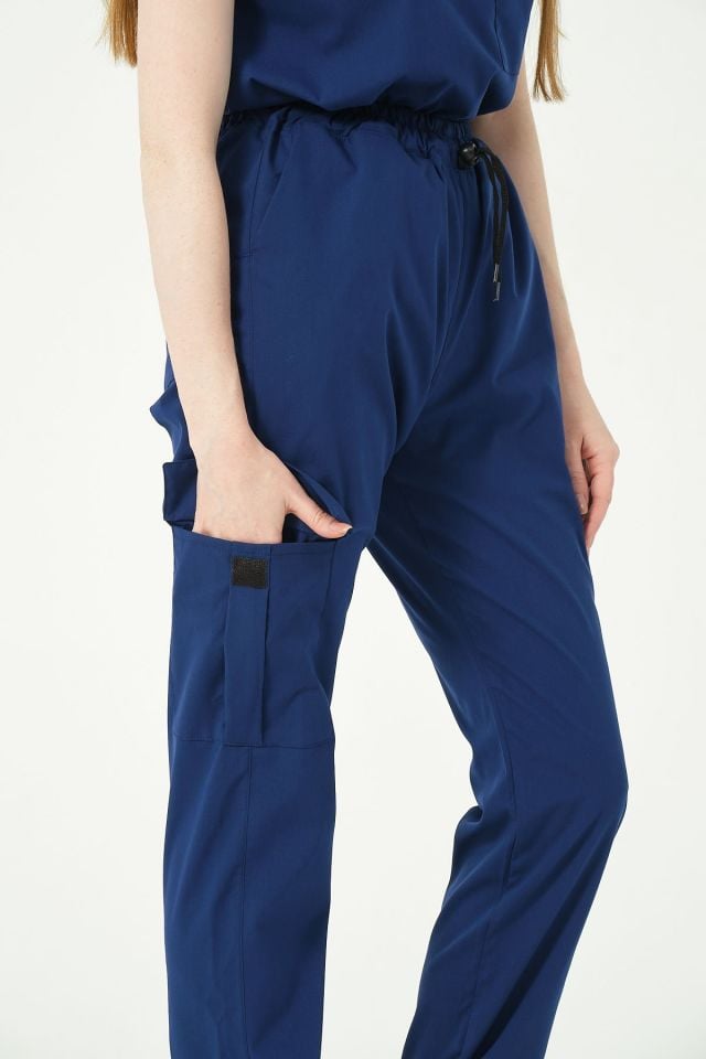 Saks Mavi Likralı Kargo Cep Jogger Paça Doktor Hemşire Forması Tek Alt Unisex 2XL