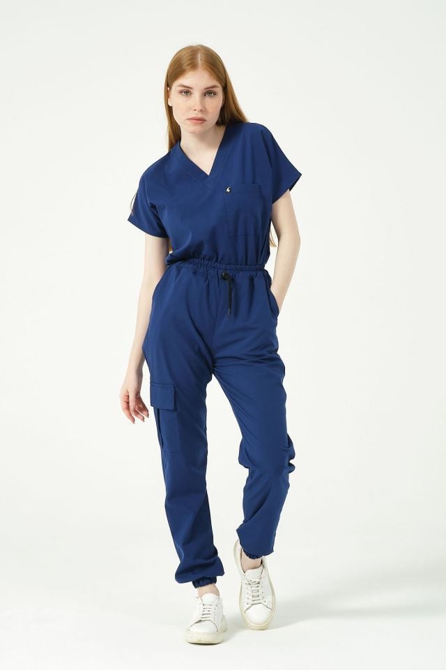 Saks Mavi Likralı Kargo Cep Jogger Paça Doktor Hemşire Forması Tek Alt Unisex 2XL