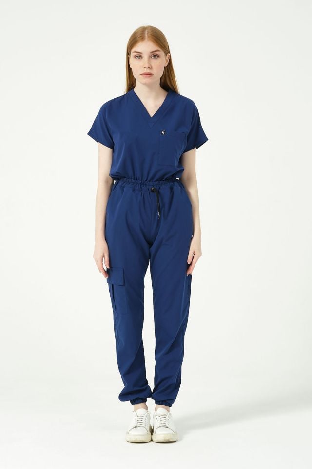 Saks Mavi Likralı Kargo Cep Jogger Paça Doktor Hemşire Forması Tek Alt Unisex 2XL