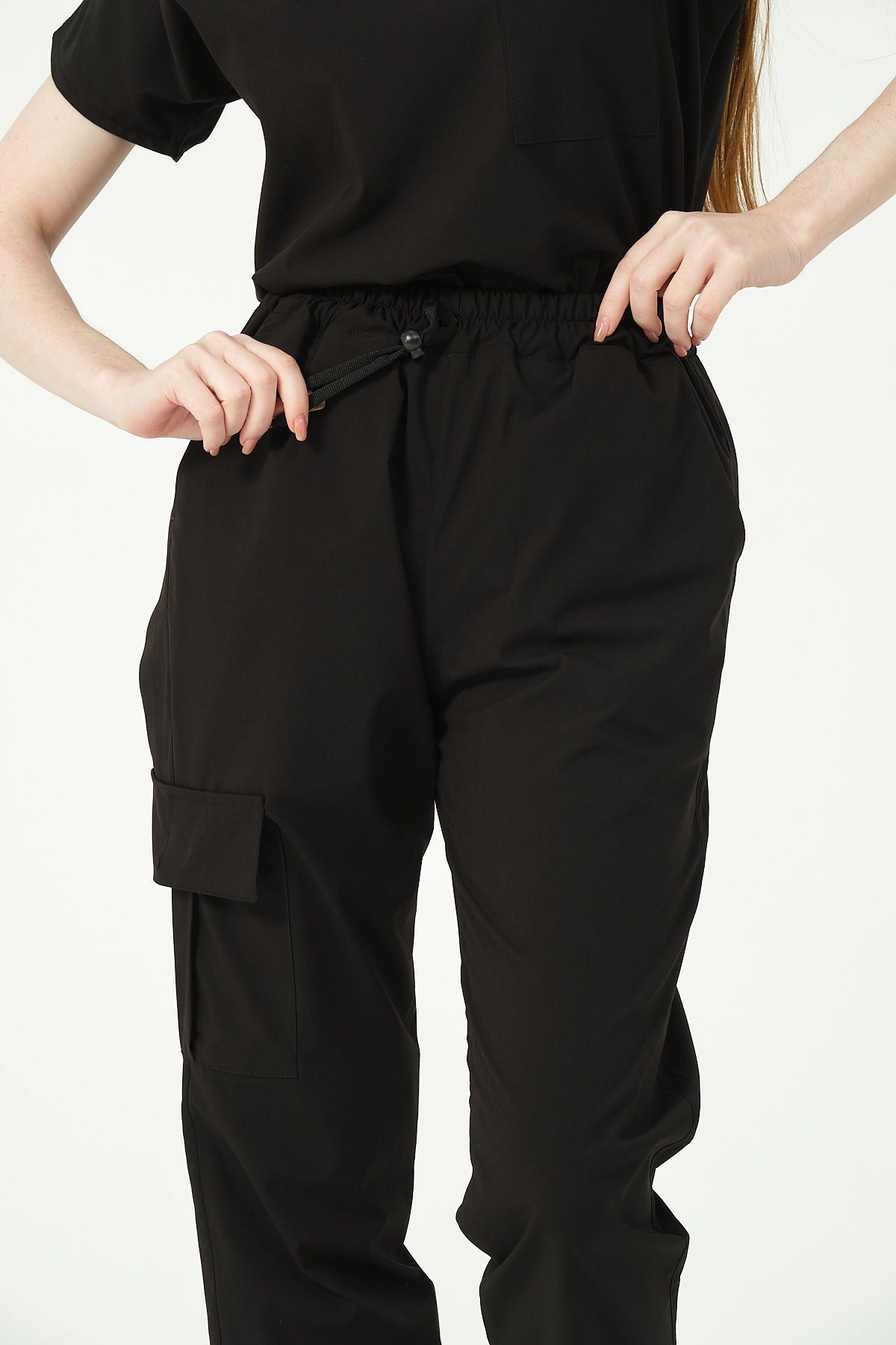 Siyah Likralı Kargo Cep Jogger Paça Doktor Hemşire Forması Tek Alt Unisex