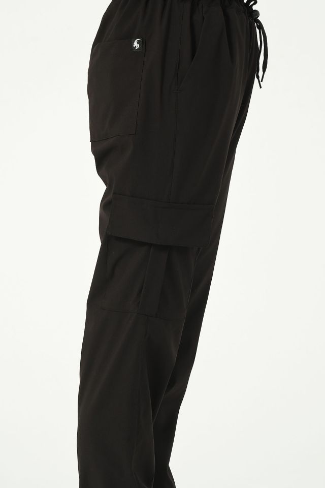 Siyah Likralı Kargo Cep Jogger Paça Doktor Hemşire Forması Tek Alt Unisex