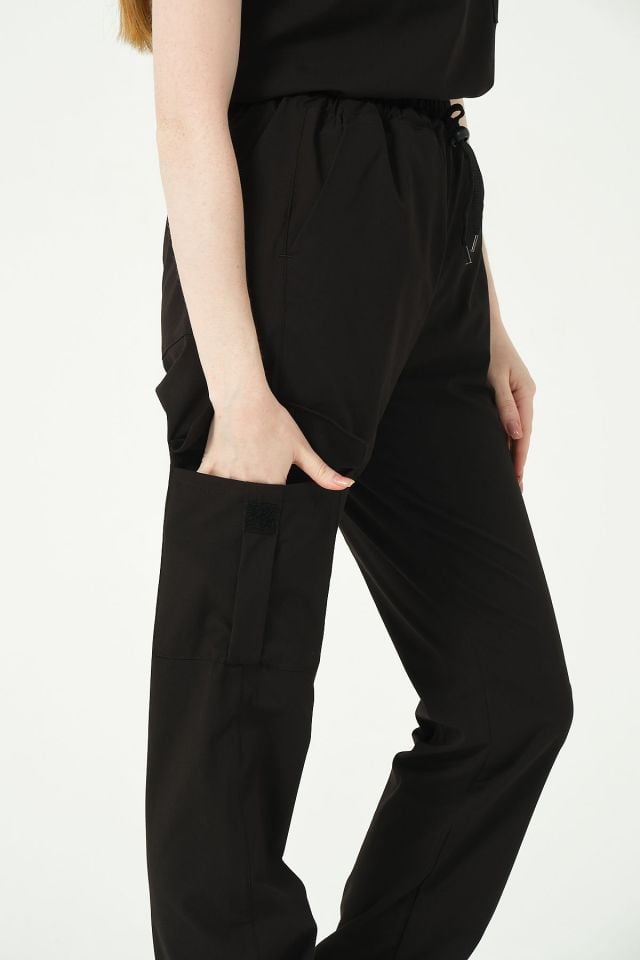 Siyah Likralı Kargo Cep Jogger Paça Doktor Hemşire Forması Tek Alt Unisex