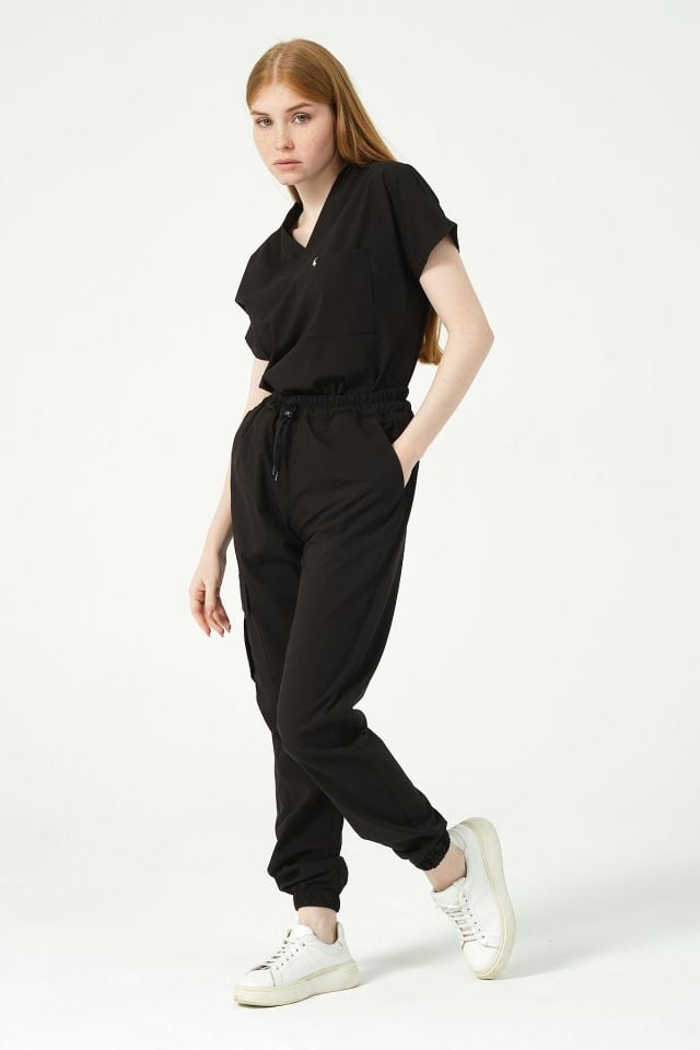 Siyah Likralı Kargo Cep Jogger Paça Doktor Hemşire Forması Tek Alt Unisex