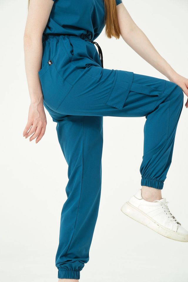 Turkuaz Likralı Kargo Cep Jogger Paça Doktor Hemşire Forması Tek Alt Unisex