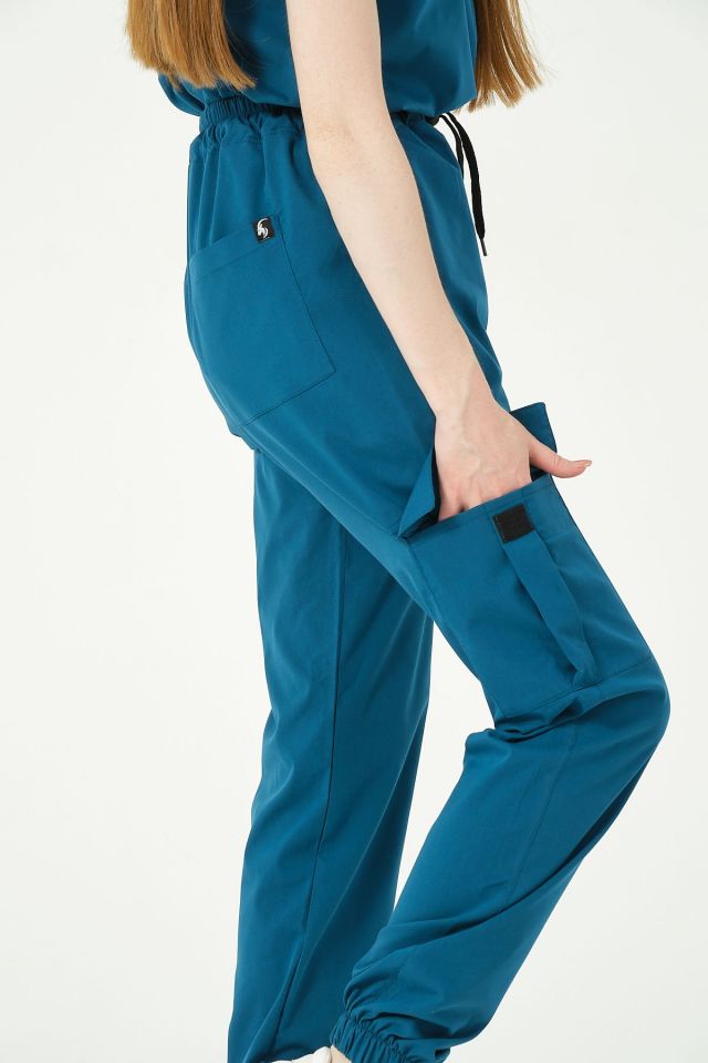 Turkuaz Likralı Kargo Cep Jogger Paça Doktor Hemşire Forması Tek Alt Unisex