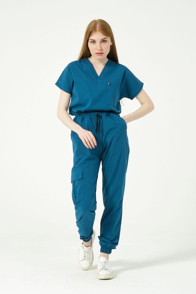 Turkuaz Likralı Kargo Cep Jogger Paça Doktor Hemşire Forması Tek Alt Unisex
