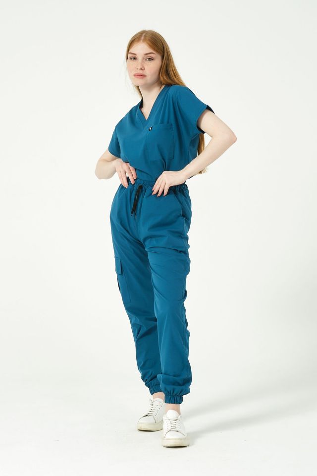 Turkuaz Likralı Kargo Cep Jogger Paça Doktor Hemşire Forması Tek Alt Unisex