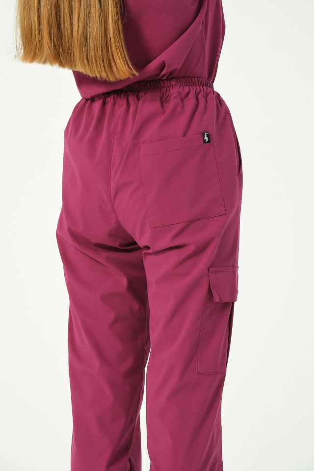 Vişne Likralı Kargo Cep Jogger Paça Doktor Hemşire Forması Tek Alt Unisex