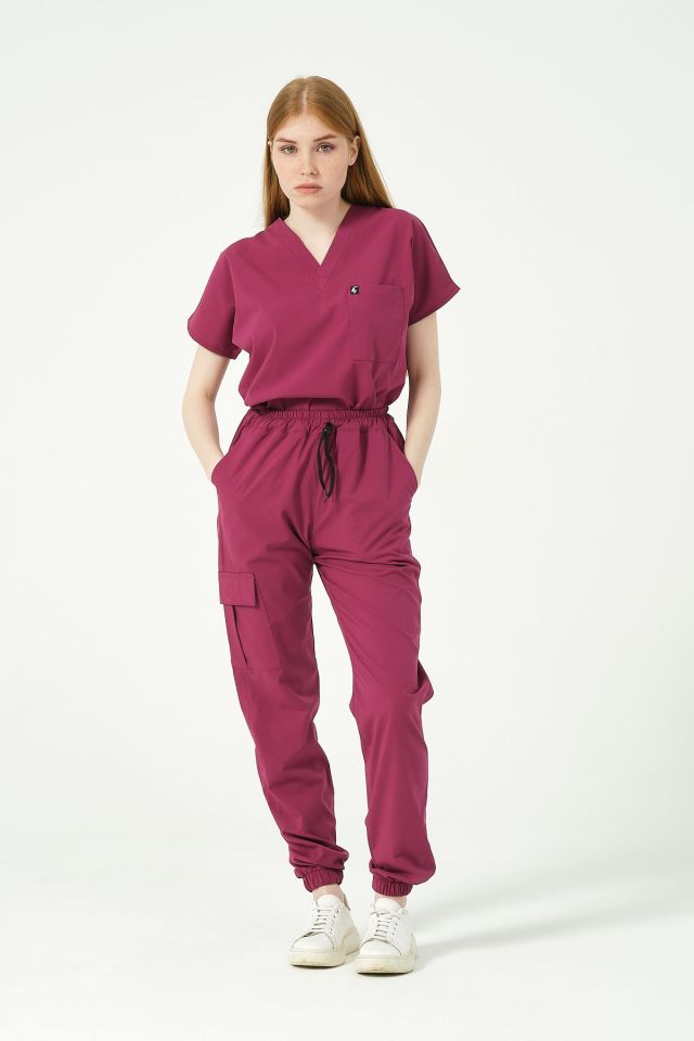 Vişne Likralı Kargo Cep Jogger Paça Doktor Hemşire Forması Tek Alt Unisex