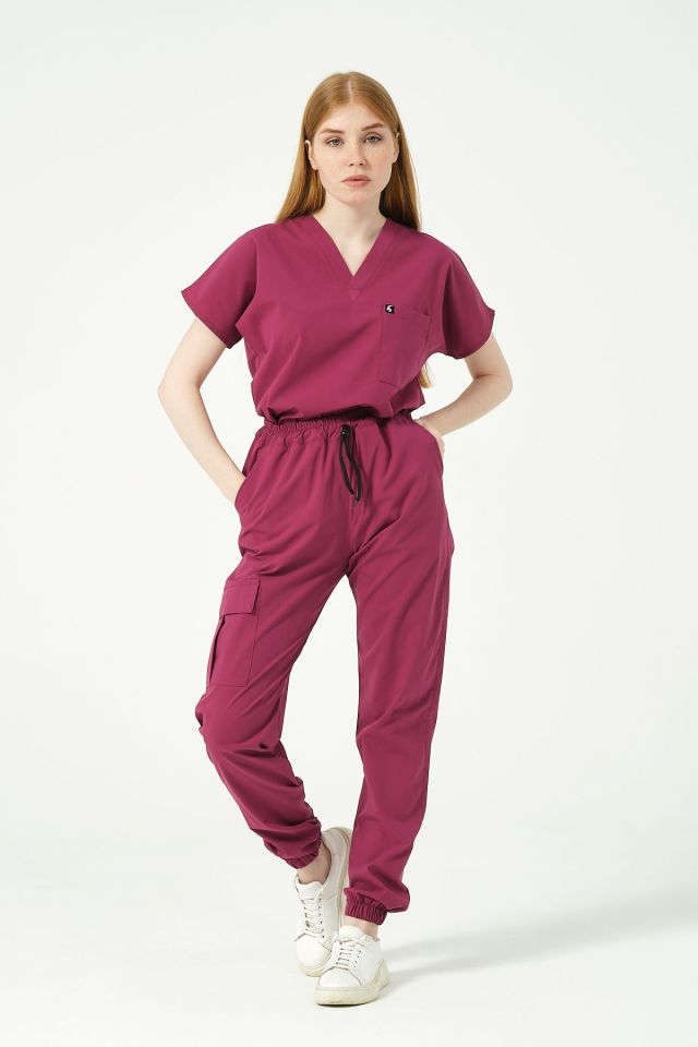 Vişne Likralı Kargo Cep Jogger Paça Doktor Hemşire Forması Tek Alt Unisex