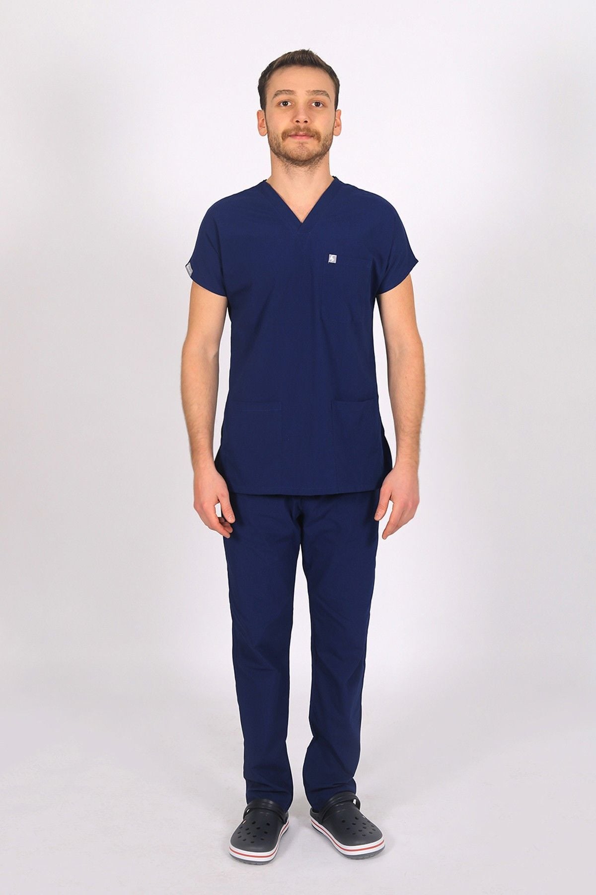 Saks Mavi Likralı Scrubs Doktor Hemşire Forması Yarasa Kol Takım XS