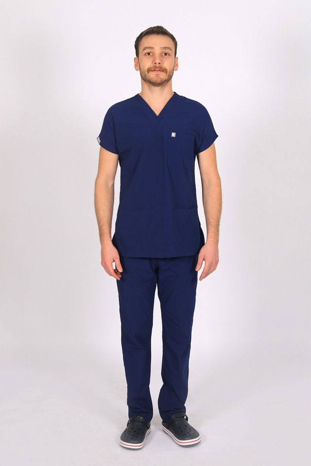 Saks Mavi Likralı Scrubs Doktor Hemşire Forması Yarasa Kol Takım L