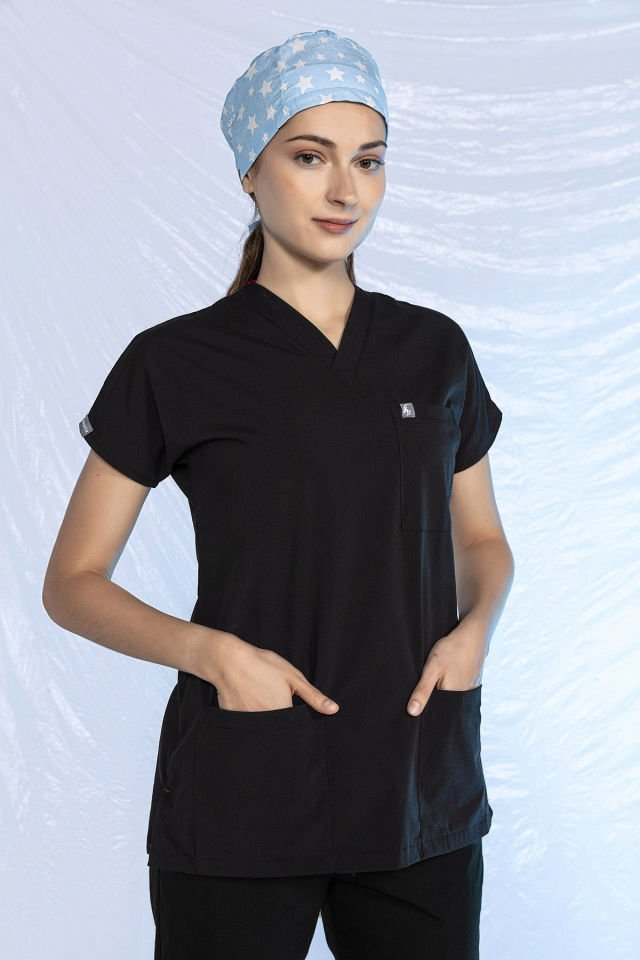 Siyah Özel Veteriner Forması Tüy Tutmaz Sıvı İtici Scrubs Takım Unisex 2XL
