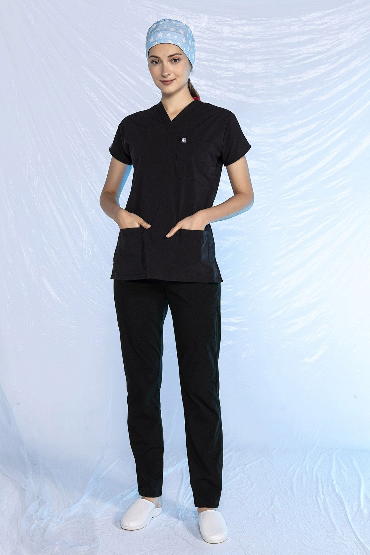 Siyah Özel Veteriner Forması Tüy Tutmaz Sıvı İtici Scrubs Takım Unisex