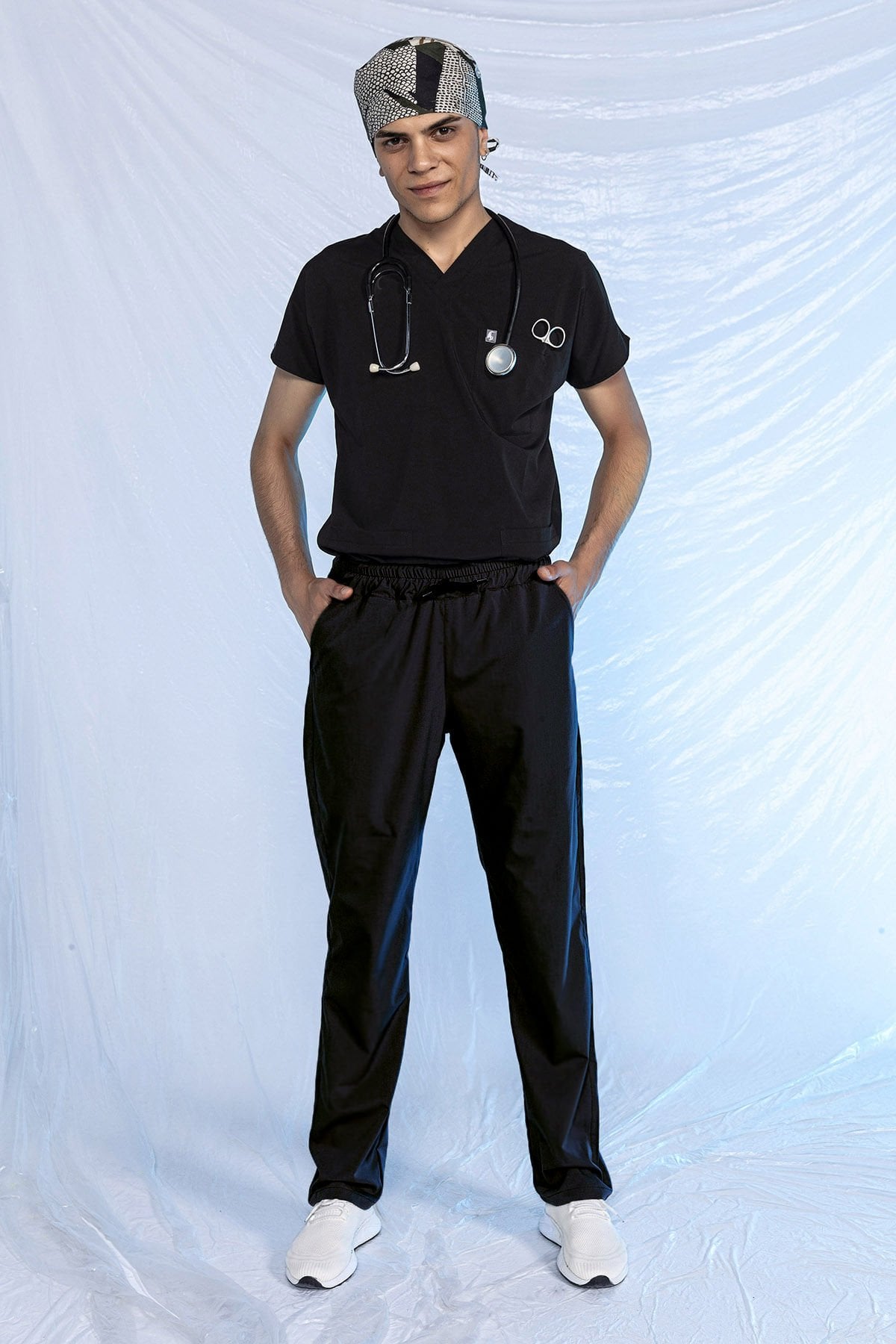 Siyah Özel Veteriner Forması Tüy Tutmaz Sıvı İtici Scrubs Takım Unisex 2XL