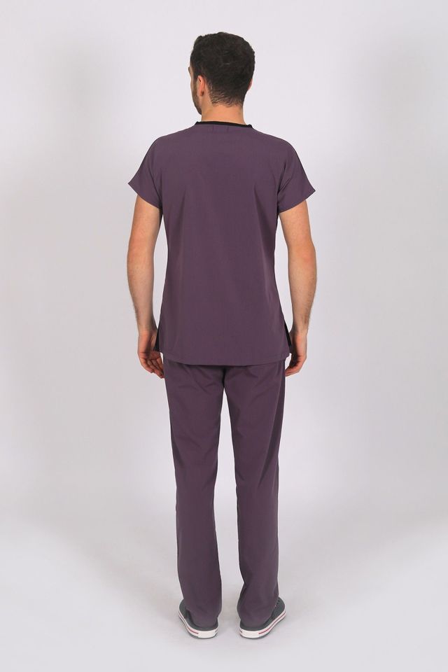 Mürdüm Likralı Scrubs Doktor Hemşire Forması Yarasa Kol Takım XS