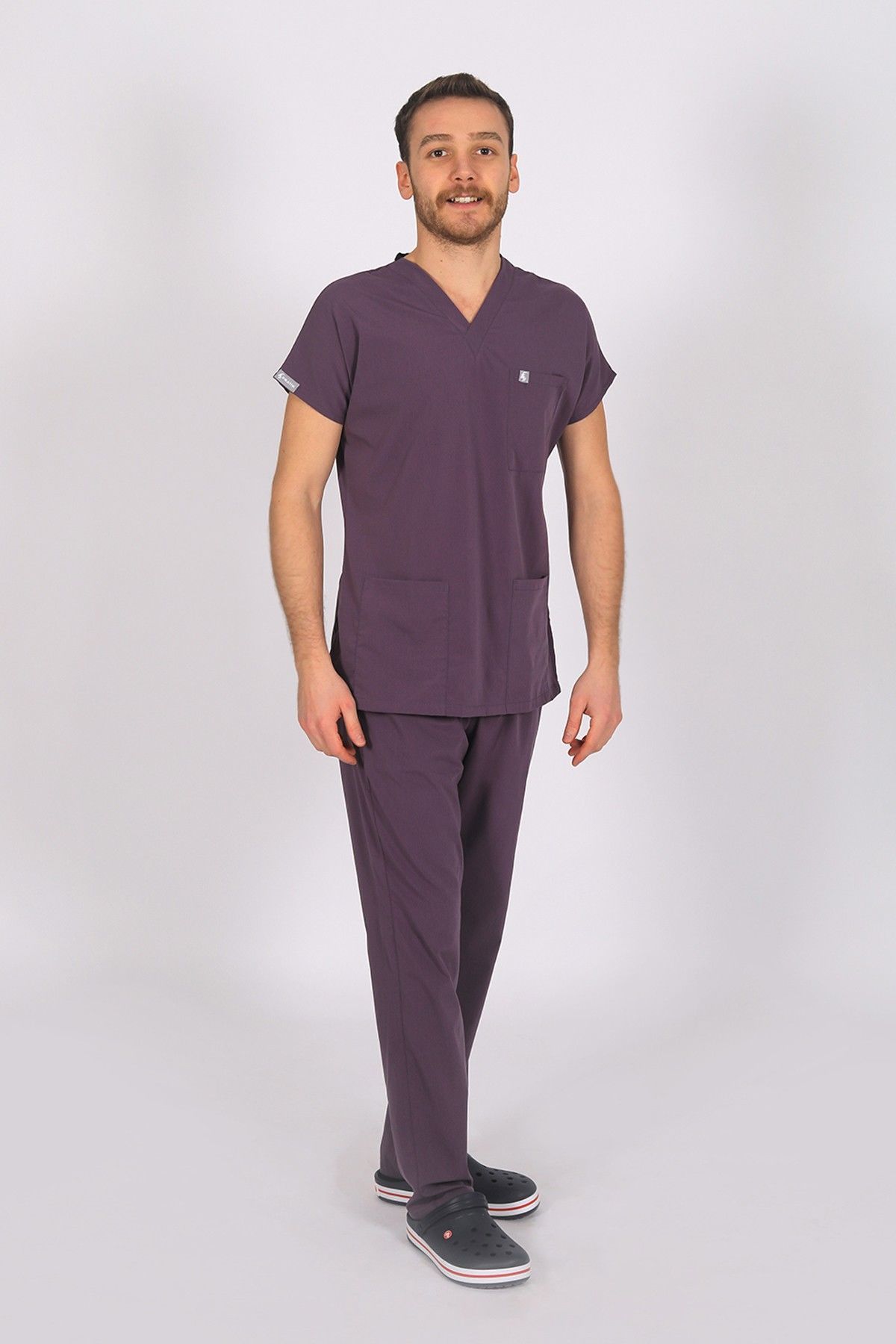 Mürdüm Likralı Scrubs Doktor Hemşire Forması Yarasa Kol Takım S