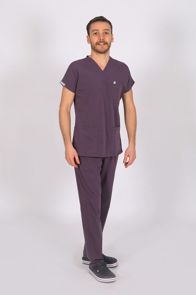 Mürdüm Likralı Scrubs Doktor Hemşire Forması Yarasa Kol Takım S