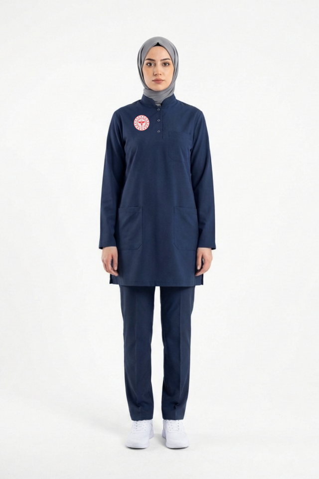 Hemşire Forması Likralı Scrubs Tesettür Takım Patriot Blue