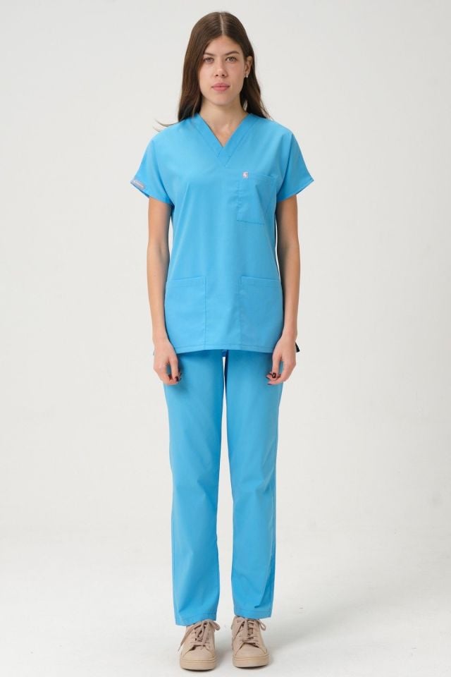 Bebe Mavi Likralı Scrubs Doktor Hemşire Forması Yarasa Kol Takım Unisex M