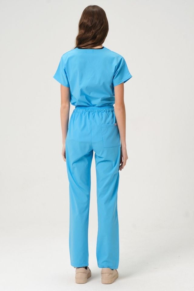 Bebe Mavi Likralı Scrubs Doktor Hemşire Forması Yarasa Kol Takım Unisex M