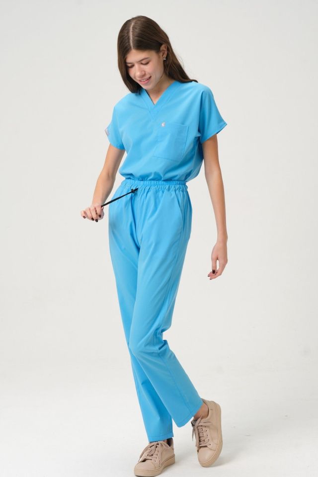 Bebe Mavi Likralı Scrubs Doktor Hemşire Forması Yarasa Kol Takım Unisex XL