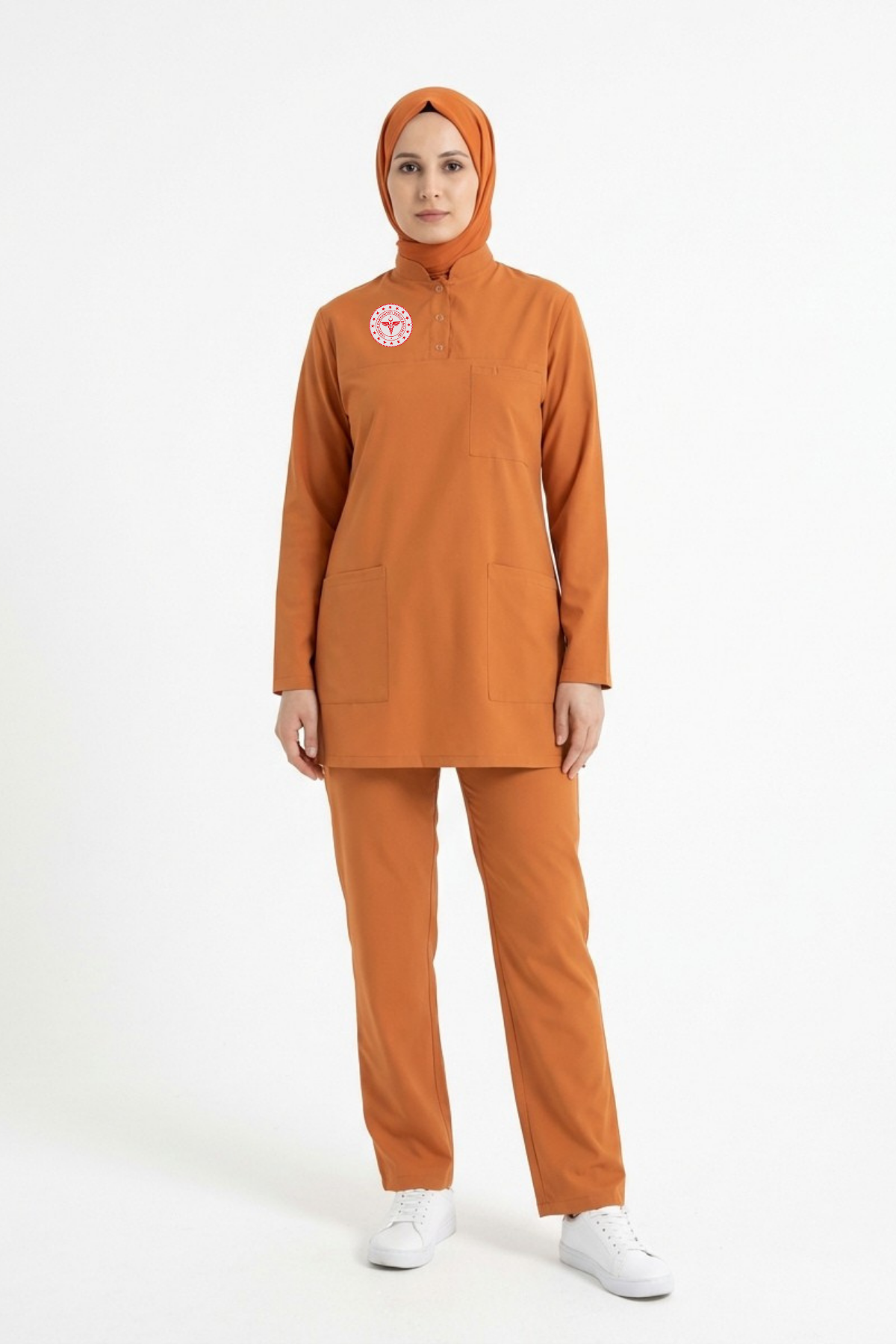 Klinik Destek Personeli Forması Likralı Scrubs Tesettür Takım Orange Ochre