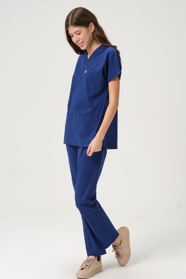 Saks Mavi Likralı Scrubs Doktor Hemşire Forması Yarasa Kol Takım Unisex 2XS