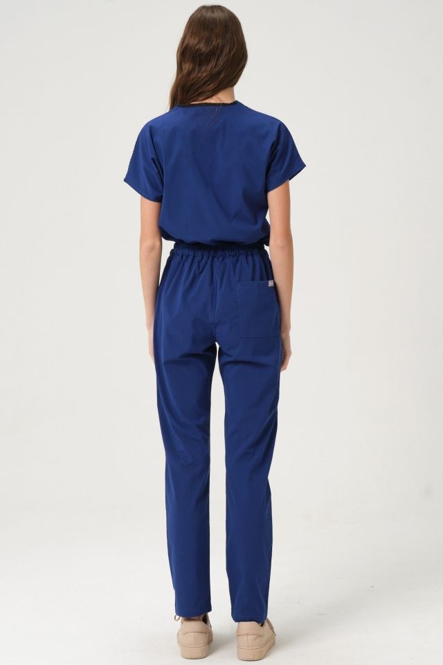 Saks Mavi Likralı Scrubs Doktor Hemşire Forması Yarasa Kol Takım Unisex S