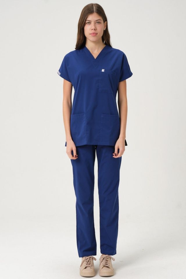 Saks Mavi Likralı Scrubs Doktor Hemşire Forması Yarasa Kol Takım Unisex XL